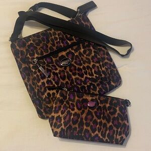Coach Animal Print Crossbody Bag - Purple and Brown with matching cosmetic bag